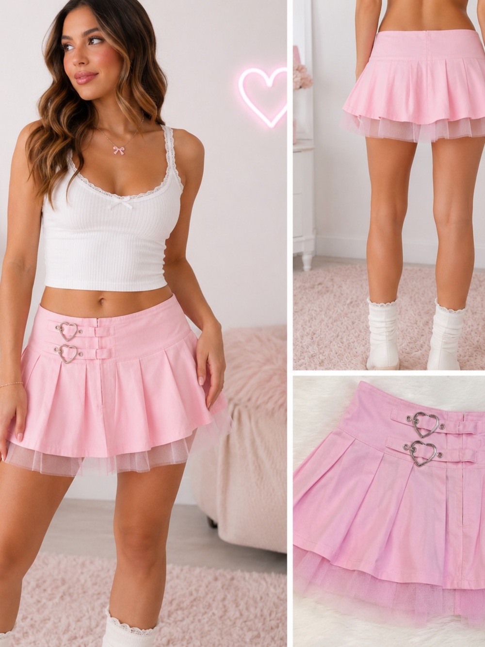 Sugar Thrillz Y2K Pink Pleated Mini Skirt with Heart Buckles